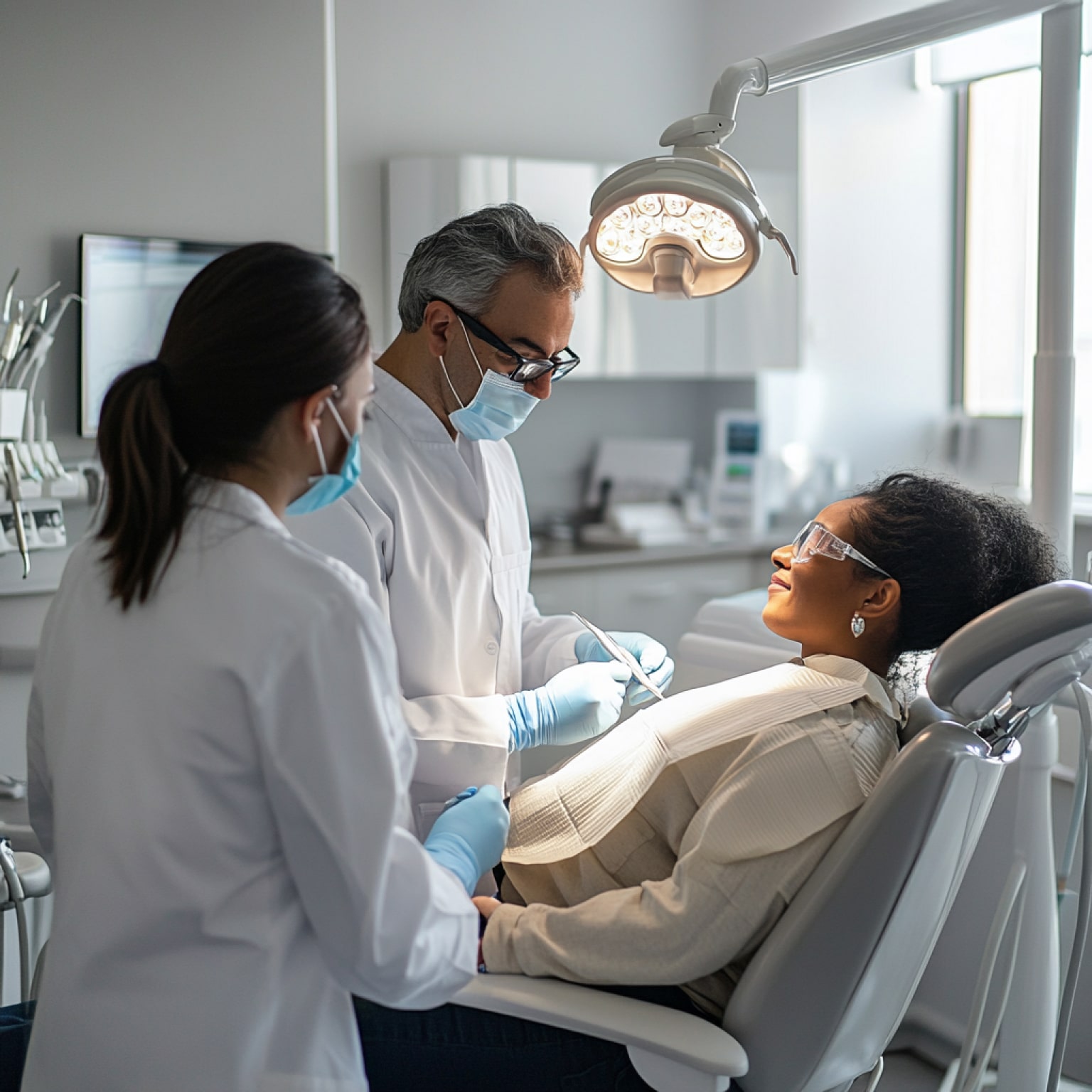 A dentist and assistant examine a person in a dental chair, using tools and wearing protective masks, in a brightly lit clinic.