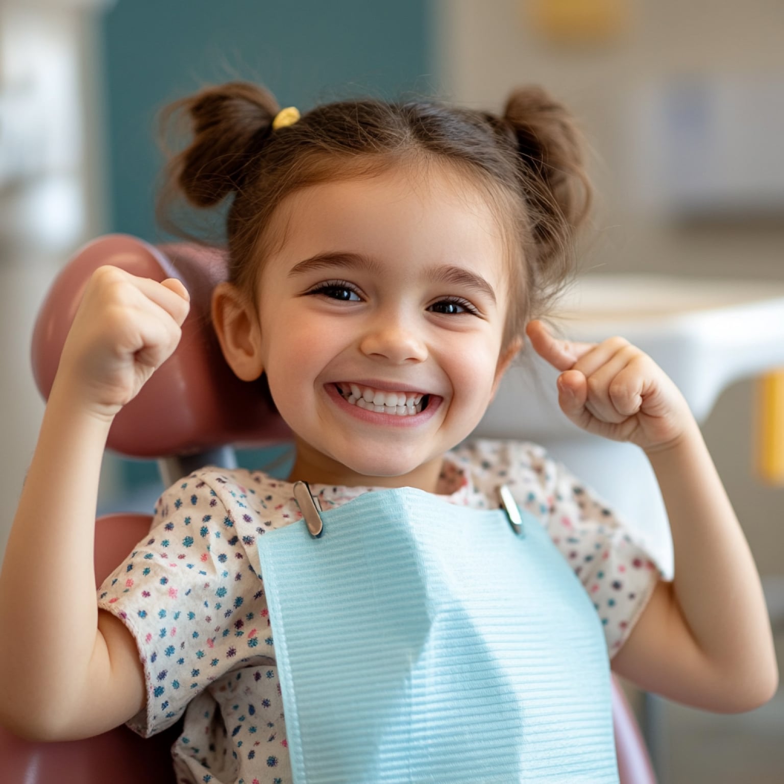 Young child smiling in a dental chair, wearing a bib, looking happy and excited, with fists raised. Dental office setting in background.